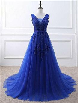 Picture of Pretty Blue Tulle Long Prom Dresses , Blue Formal Gown